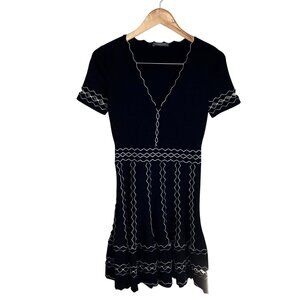 ALEXANDER MCQUEEN Black White Knit Dress S Italy Scallop Trim Cutout Cocktail